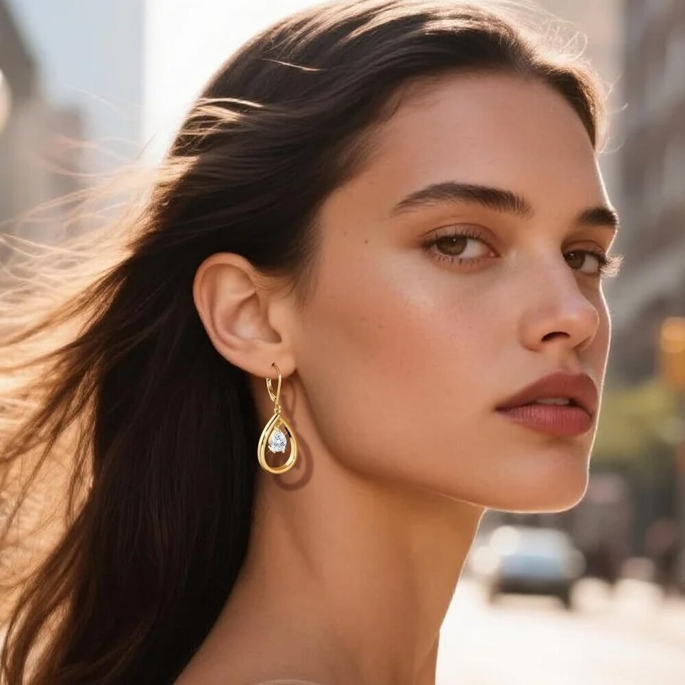 925 Silver 14K Gold CZ Teardrop Dangle Earrings, Bridal & Prom Gift Dangly Proms - Picture 5 of 6